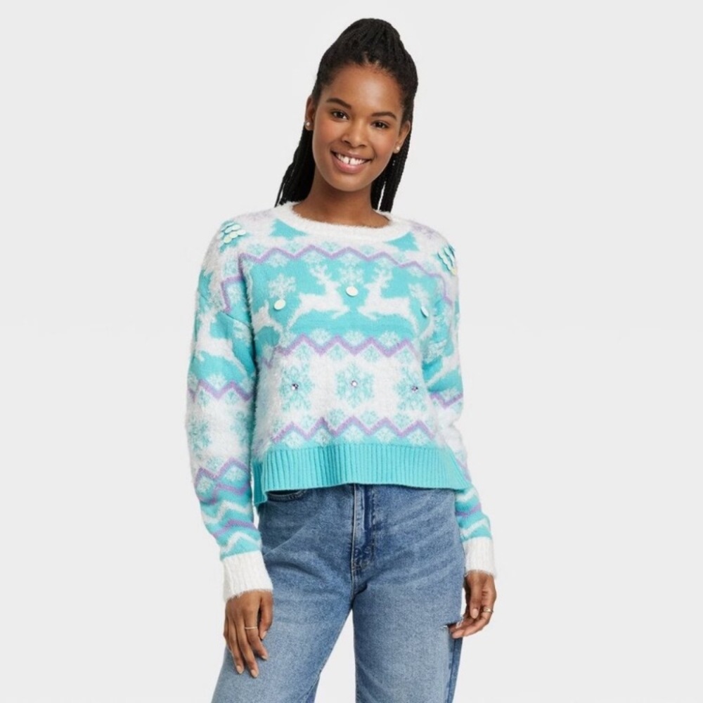 NWT 33 Degrees Women's Reindeer Graphic Holiday Sweater - Blue Multiple Sizes